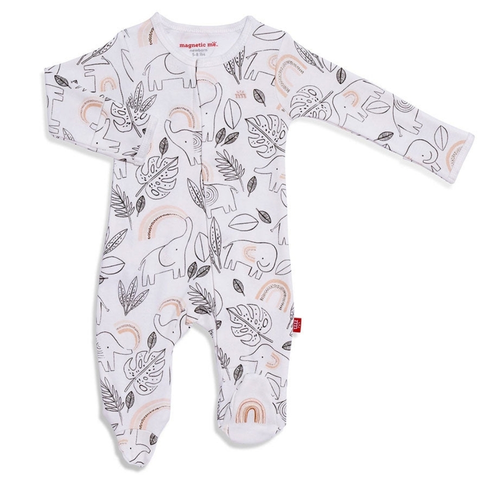Magnetic Me White Footed One-Piece with Gray and Tan Elephant Print
